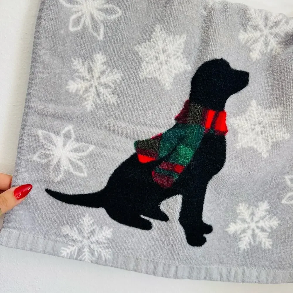 2 Cherry Red White Plaid Deer Grey Gray Dog Scarf Print Christmas Hand Towel Set